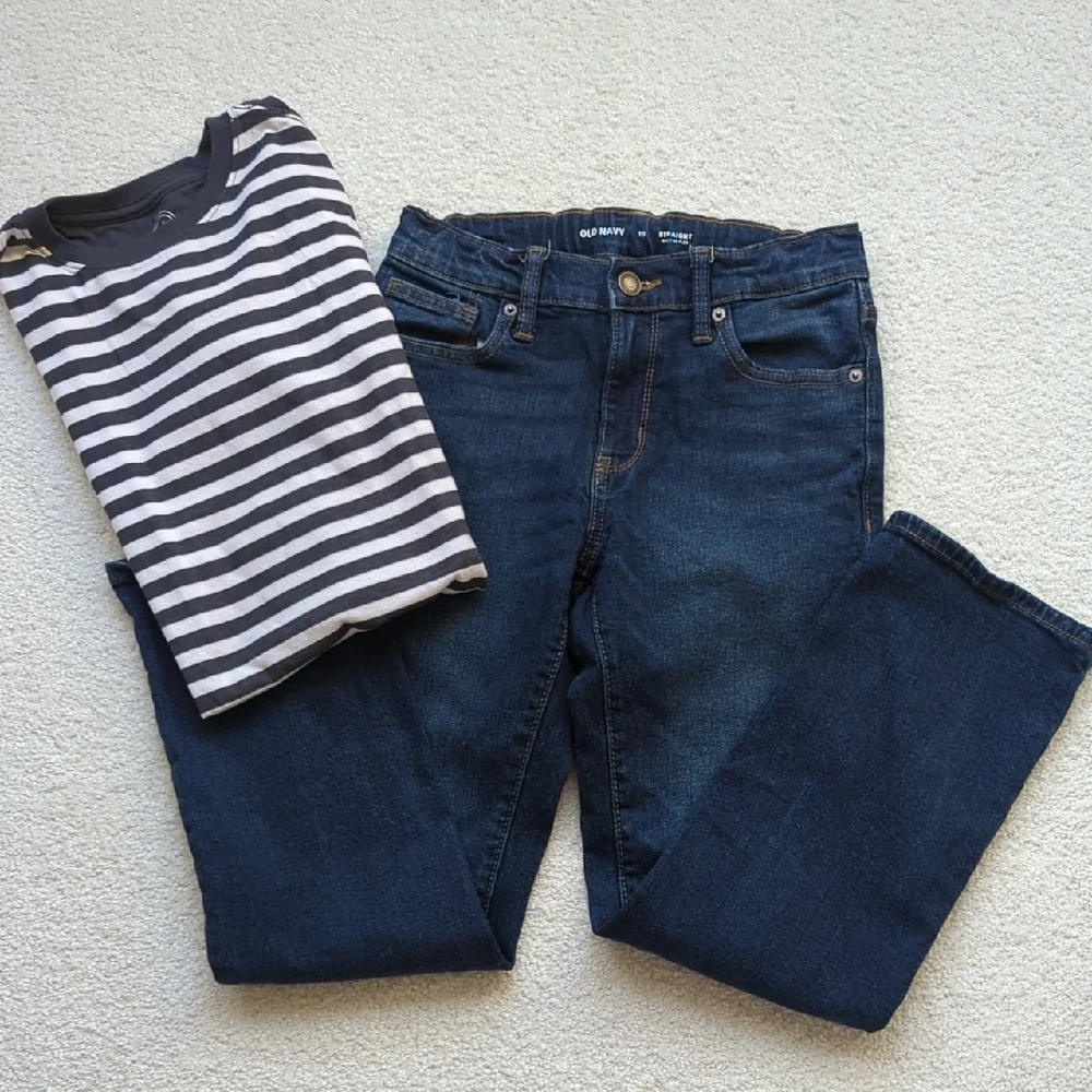 Boy's Dark Blue Straight Leg Jeans And Stripe Short Sleeve Shirt